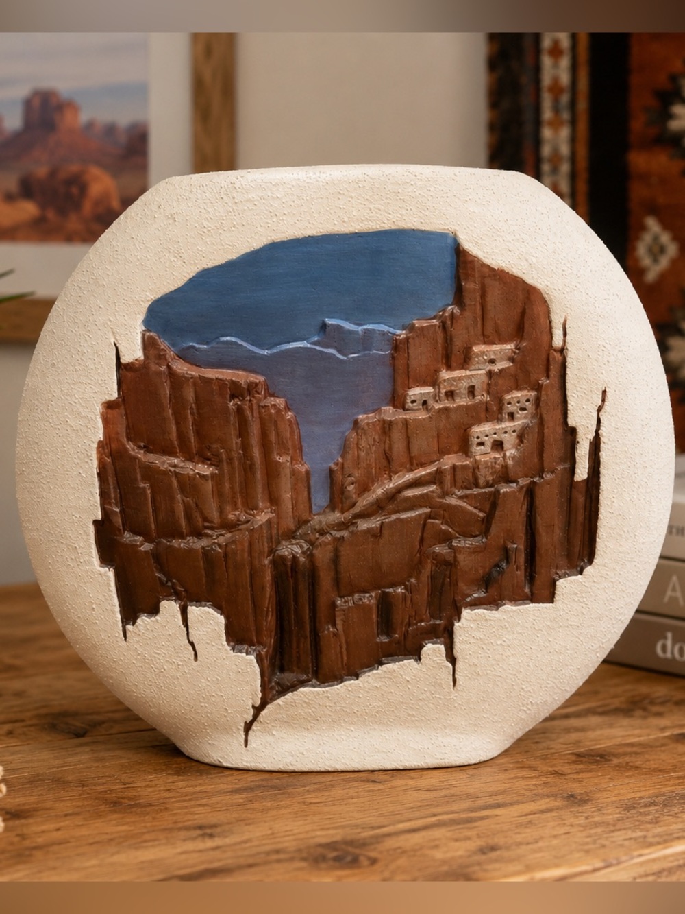 Southwestern Art Pottery Vase – Hand-Carved Cliff Dwelling Desert Landscape
